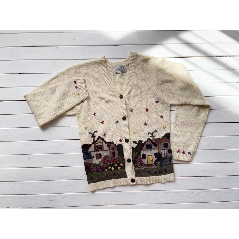 vtg Northern Treasures cottagecore farm cream embroidered cardigan sweater